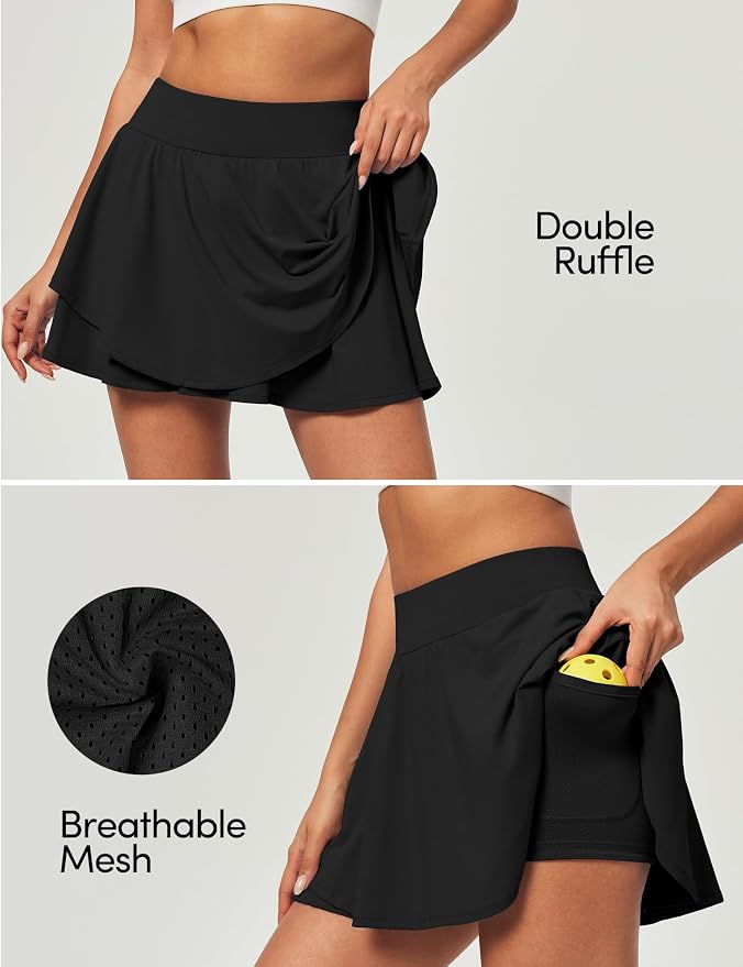 IUGA Tennis Skirt Pleated Skorts for Women with Pockets Skirts for Women | Double Ruffle Skort , Built-In Shorts, 2 Pockets, Tummy Control Breathable, Quick-dry, for Golf, Athletic, Running, Workout