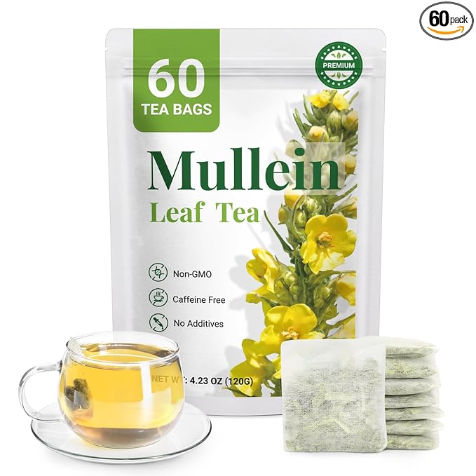 Premium 60 Mullein Tea Bags For Lungs - 100% Pure Mullein Leaf | For Lung Health & Respiratory Wellness Support | Caffeine Free - No Additives & Non-GMO | Plastic-Free, Plant-Based Tea Bags