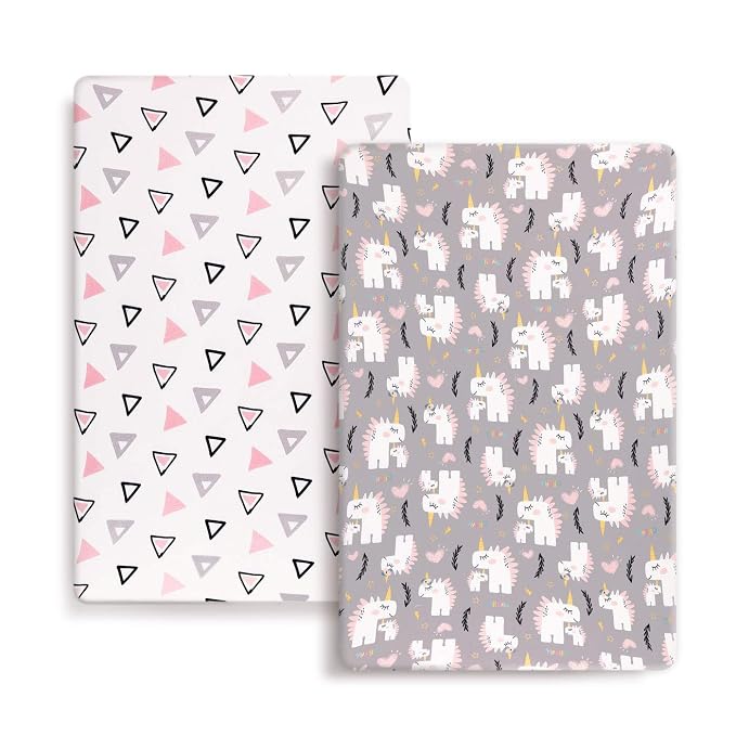 Stretchy Ultra Soft Jersey Knit Fitted Pack n Play Playard Sheets Set 2 Pack, Fits Portable/Mini Cribs Sheets, Playards Mattress Pads, Pink Simple Triangle/Dream Unicorn for Girls