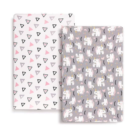 Stretchy Ultra Soft Jersey Knit Fitted Pack n Play Playard Sheets Set 2 Pack, Fits Portable/Mini Cribs Sheets, Playards Mattress Pads, Pink Simple Triangle/Dream Unicorn for Girls