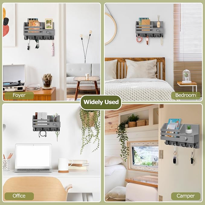 Key Holder Wall Mount, Wooden Key and Mail Organizer, Gray | 2 Mount Options, Includes 8 Hooks, Fence Mail Slot, Small Drawer and Shelf, for Entryway, Hallway, Doorway, Living Room, RV