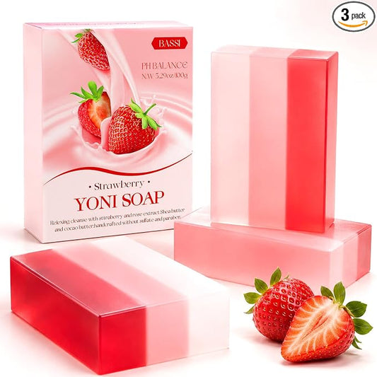 3 Pack Yoni Soap Bars for Women, Feminine Cleansing Bar Soap for Daily Freshness & Gentle Care, Vaginal Care Soap with pH Balance Inspired Formula, Eliminates Odor, Handmade Strawberry Body Soap