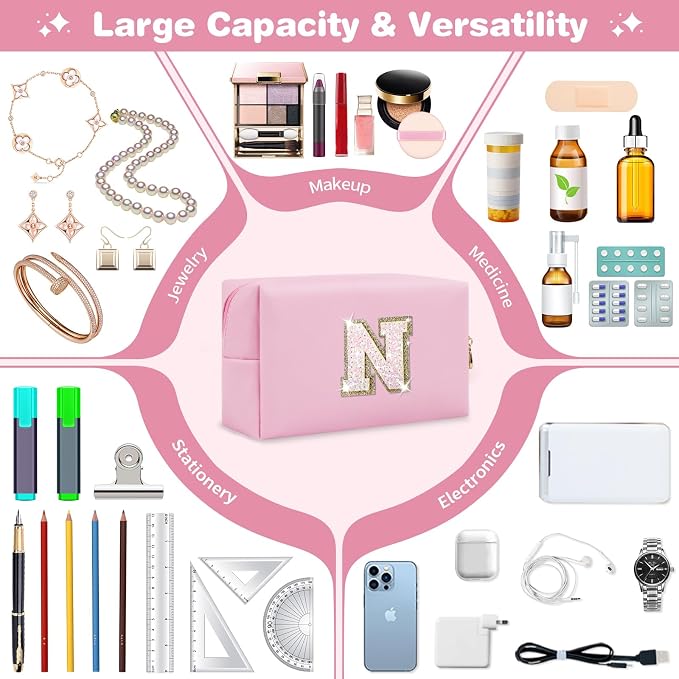 Small Personalized Initial A-Z Patch Makeup Bag,Pink Cute PU Leather Glitter Letter Cosmetic Bag for Teen Girls,Travel Toiletry Bag with Zipper,Preppy Monogrammed Birthday Gift for Daughter Niece N