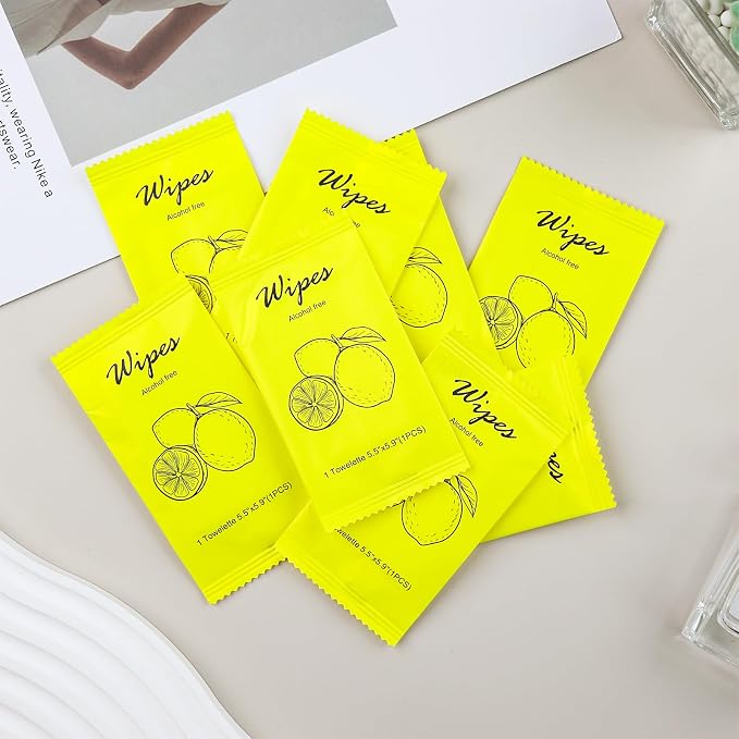 Individual Hand Wipes Wet Wipes Travel Size,Wet Wipes Individually Wrapped | 60PCS Bulk Cleansing Travel Size Wipes for Wedding Travel Restaurant Barbecue(Lemon)