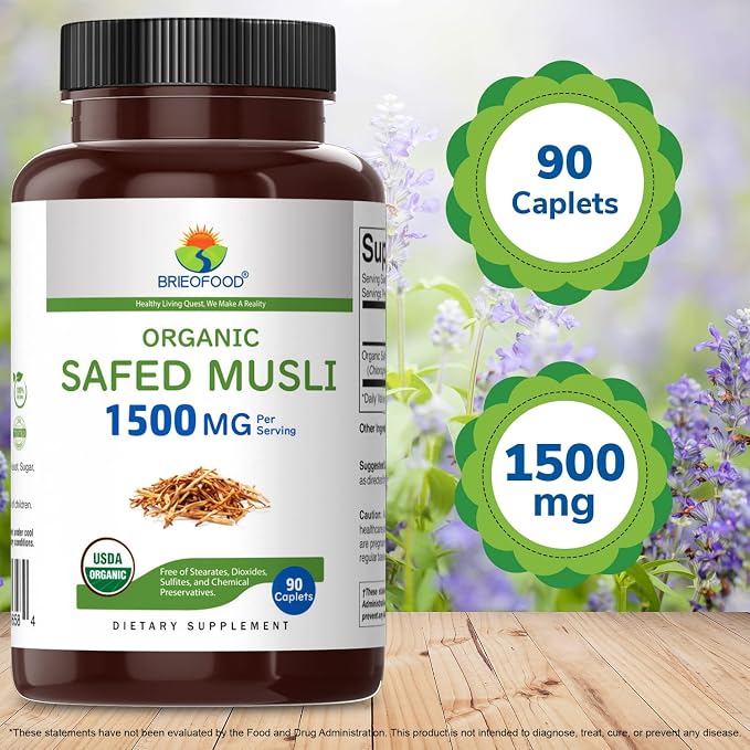 Brieofood Organic Safed Musli 1500mg, 45 Servings, Vegetarian, Gluten Free, 90 Vegetarian Tablets