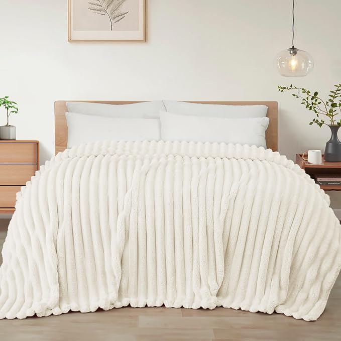 Exclusivo Mezcla Striped King Size Fleece Blanket for Bed, Couch, 90"x104" | Soft Breathable Cozy Bed Blankets, Lightweight Plush Fluffy Fuzzy Jacquard Decorative Blankets