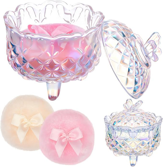 Tioncy 3 Pcs Large Body Powder Puff and Container Valentine's Day gift Powder Container with Puff Crystal Case Soft Washable Reusable Velour Face Body Glitter Wet Dry Makeup(Butterfly,Glitter)