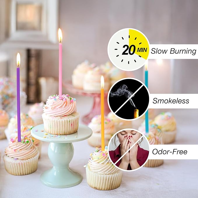 40-Count Rainbow Birthday Candles, Tall Thin Birthday Cake Candles Set, Rainbow Cupcake/Cake Decorations