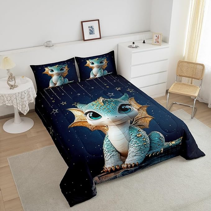 Feelyou Dragon Comforter Set Full Size Dragon Stuff Comforter for Boys Girls Teens Wild Life Bedding Set Dragon Decor Duvet Set Room Decor Navy Blue Quilt Set