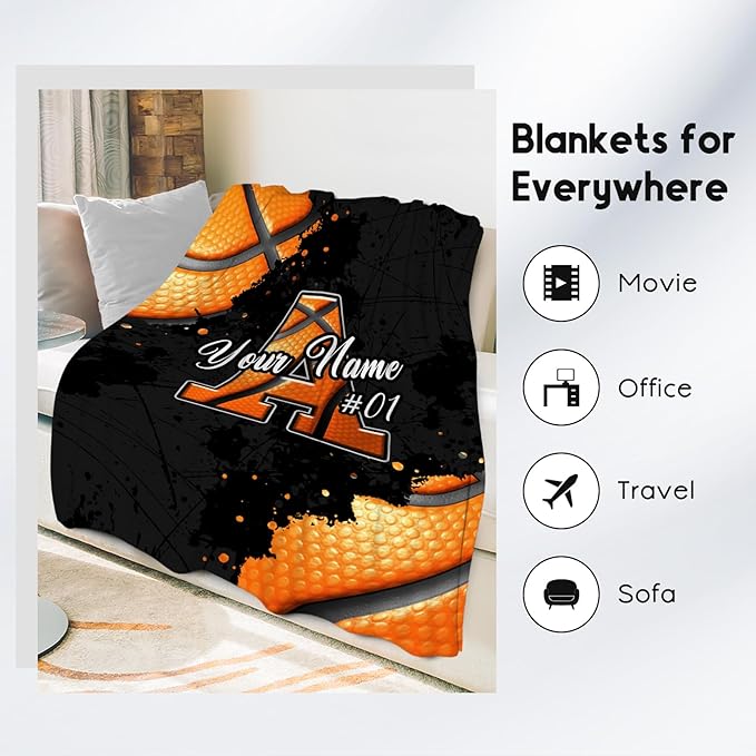 Custom Basketball Blanket - Personalized Gifts for Boys Girls - Cozy Soft Initial Throw for Basketball Lovers - 40x50 Inches Small Blankets for Kids - Sports Decor Ideas for Son Daughter