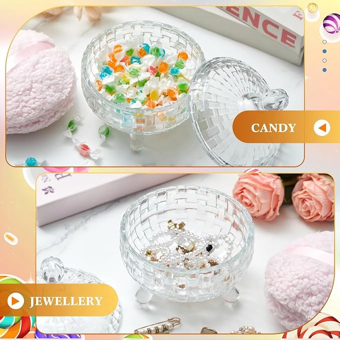 Tioncy 2 Pcs Extra Large Dusting Powder Puff and Container for Women-6'' Glass Crystal Dusting Powder Container with Body Soft Washable Reusable Velour Face(Clear,Weave Design)