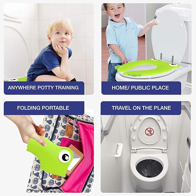 Toilet Potty Training Seat Cover, Travel Toilet Seat, Folding Non Slip Silicone Pads, Travel Portable Reusable Kids Toddlers Boys Girls, Carry Bag (Green - Frog)