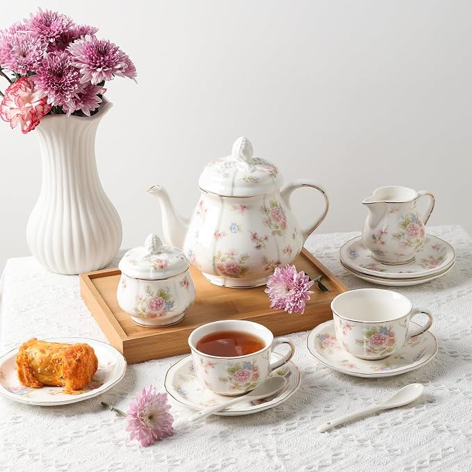 Sweejar 23 Pcs Floral Tea Sets with Metal Holder, Relief Gold Rim Porcelain Tea Sets for Adults, Cup and Saucer Set for 6, with Teapot, Sugar Bowl, Milk Jug, Spoons (Small Flower)