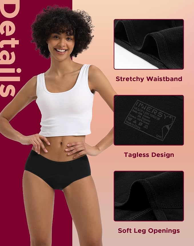 INNERSY Period Underwear for Women Teens Leak-Proof Menstrual Cotton Protective Hipster Panties 3-Pack