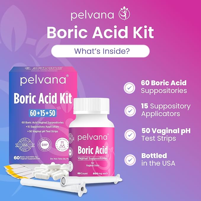 Pelvana Boric Acid Suppositories for Women - 60 Count + 15 Applicators + 50 pH Tests - 600mg Boric Acid Capsules for Vaginal Odor Use