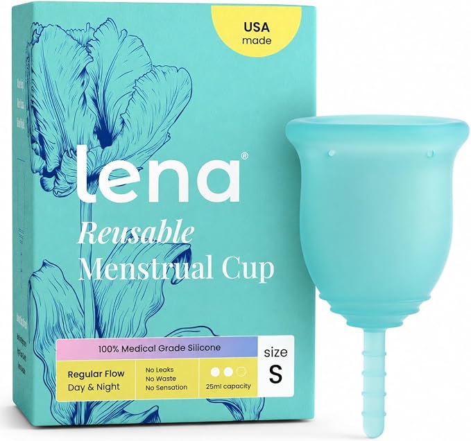 Lena Menstrual Cup Original - Soft Medical-Grade Silicone Period Cups for Women Light and Medium Flow, Reusable 12-Hour Leak-Free Comfort, Beginner-Friendly Feminine Care - Small, Turquoise