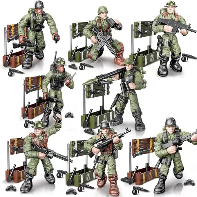 WWII Military Soldiers Action Figure with Weapons and Accessories Building Blocks Playset, 8 PCS 1:36 Scale Mini Army Men Figure, Multiple Movable Joints, Best Gift for Kids 8 9 10