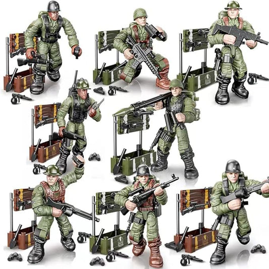WWII Military Soldiers Action Figure with Weapons and Accessories Building Blocks Playset, 8 PCS 1:36 Scale Mini Army Men Figure, Multiple Movable Joints, Best Gift for Kids 8 9 10
