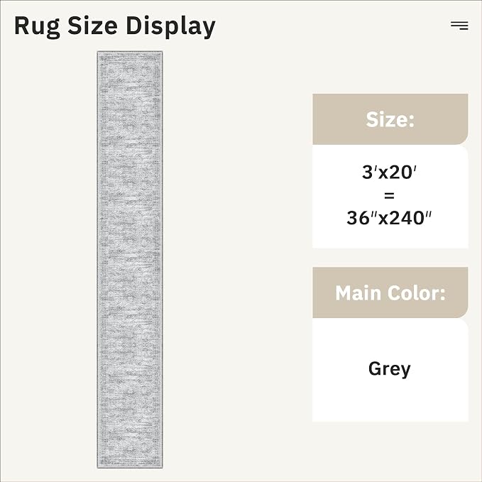 Soalmost Washable Hallway Runner Rug 3x20 Kitchen Entry Rugs Non-Slip, Grey | Vintage Extra Long Runners 20ft for Bathroom Entryway, Foldable Low-Pile Wide Floor Carpet for Corridor Living Room Bedroom
