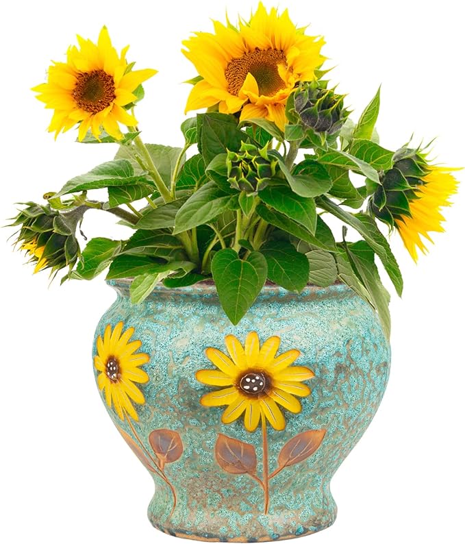 Sungmor 9 Inch Hand Painted Ceramic Succulent Plant Pots - Blue & Daisy | Vintage Decorative Pottery Planters for Indoor Outdoor Plants, Table Centerpieces & Flower Arrangement Home Decor