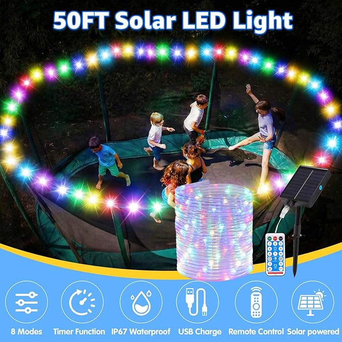 3-in-1 Trampoline Accessories Kit: 360°Rotating Water Sprinkler, 50FT Solar-Powered LED Lights & Kids Basketball Hoop with 3 Mini Balls / 8 Light Modes, Universal Fit for 8-16ft Trampolines