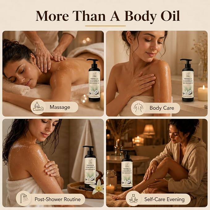 Vanilla Coconut Body Massage Oil | with Vitamin E & Jojoba Oil | Deep Hydration for Dry Skin | Non-Greasy, Fast-Absorbing Formula | 8.45 fl oz (250ml)