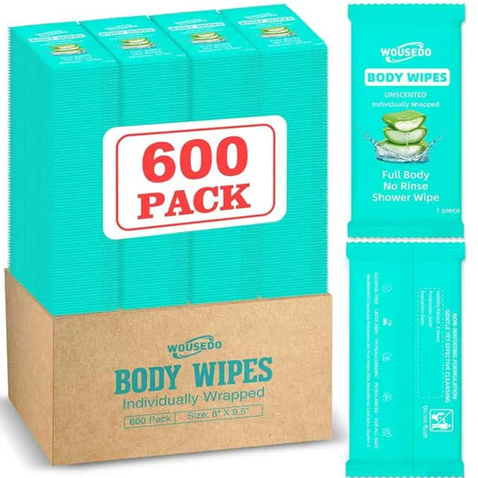 600 Pack Body Wipes Individually Wrapped(8" x 9.5"), Shower Wipe for Adults Bathing No Rinse,Personal Cleansing Wipes for Travel Gym,Bulk Deodorant for Homeless