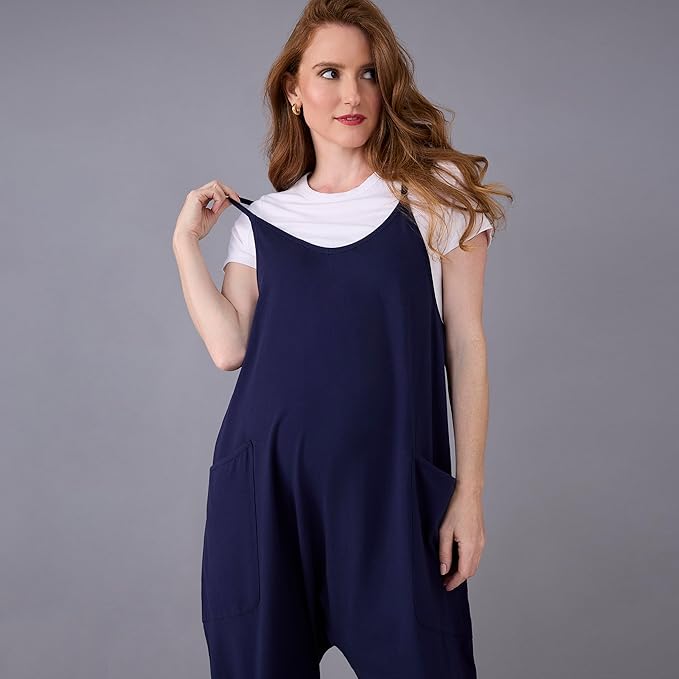 Motherhood Maternity womens Casual Baggy Sleeveless V-neck Pregnancy Romper Jumpsuit With Loose Spaghetti Straps and Pockets