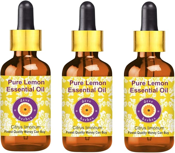 Deve Herbes Pure Lemon Essential Oil (Citrus limonum) with Glass Dropper Steam Distilled (Pack of Three) 100ml X 3 (10 oz)