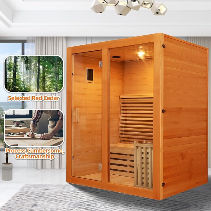 ZONEMEL Wooden Steam Sauna Room, 2 Person Canadian Red Cedar Luxurious Indoor Sauna with 3.5 KW Harvia Stove Heater, Bluetooth Speaker, Sauna Stone, Wooden Bucket, Scoop, Reading Light, 220V
