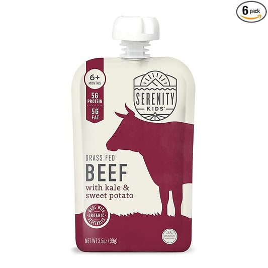 Serenity Kids 6+ Months Baby Food Pouches - Grass-Fed Beef Puree & Organic Sweet Potatoes - Protein Pouches for Toddler Snacks - Recyclable BPA-Free Packaging for Baby Snacks - 3.5 Oz, 6 Pack