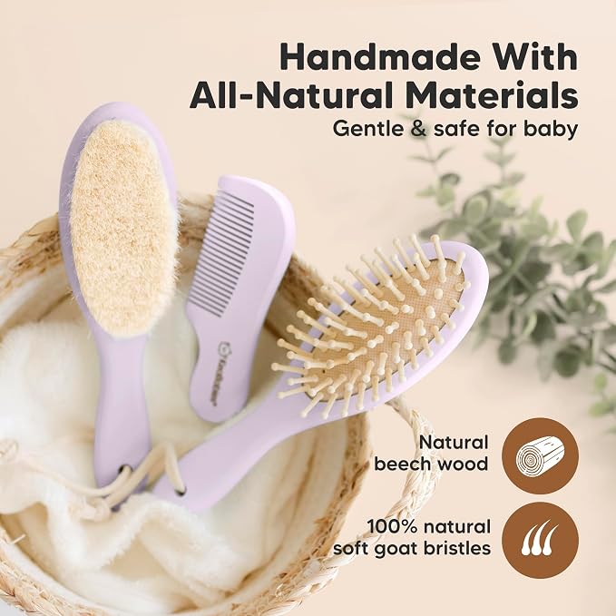 Wooden Baby Hair Brush Set for Newborns, Toddlers - Soft Goat Bristle Baby Brush and Comb Set Newborn Grooming Kit for Cradle Cap Care, Durable & Gentle, Boy, Girl Infant Essentials (Regular, Thistle)
