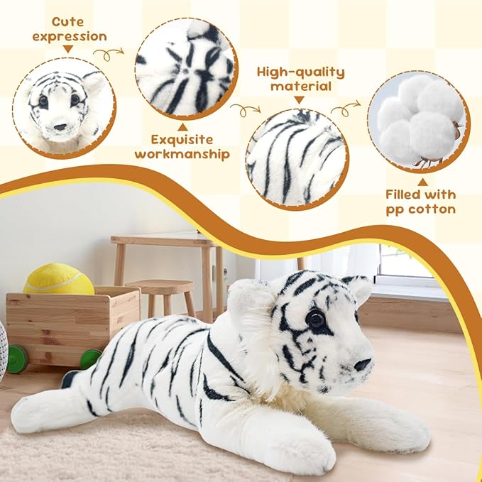 White Tiger Stuffed Animal 24" Giant Stuffed Tiger Plush Jungle Stuffed Animal Soft Plush Tiger Stuffy Cute Plushie Toys Realistic Birthday Gifts for Kids Boys