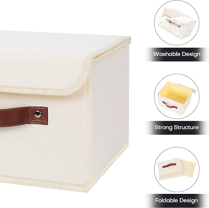 ANMINY Fabric Storage Box Bins with Lids, Beige, 10"x8"x7", 4 Pack | Keepsake Memory Storage, Cotton Linen, PP Board Reinforced, Washable, PU Handles, Foldable & Stackable, Decorative, Small
