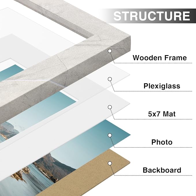 Vittanly 8x10 Picture Frames, Wall & Tabletop, 9 Pack, Vintage Marble White | Display Pictures 5x7 with Mat or 8x10 without Mat, Small Photo Frames, Engineered Wood with Shatter Resistant Plexiglass