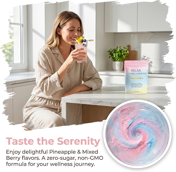 Relax Calming Drink Mix with L-Theanine, Ashwagandha & Kava, Sugar-Free Powder Packets for Evening Unwind & Daily Relaxation Routine, Non-GMO, Gluten-Free, Pineapple & Mixed Berry, 30 Packets (1)