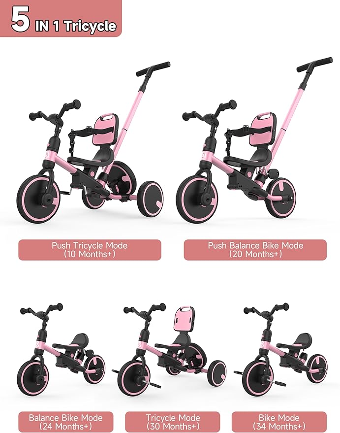 besrey Toddler Bike 1-3 Years Old,Toddler Tricycle with Spare Wheel,5 in 1 Kids Trike with Push Handle,Backrest and Safety Belt,Balance Bike 1+ Year Old,Birthday Gift and Toy for Boys and Girls