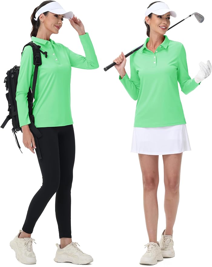 MAGCOMSEN Long Sleeve Polo Shirts for Women Golf Tops with Collar Work | UPF 50+ Sun Protection, 4 Buttons, Moisture Wicking, Breathable, 4-Way Stretch, Collared, Quick Dry, Active, Casual, Tennis