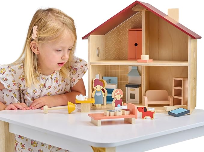 Mentari Toys - Poppets Dollhouse - Fully Furnished Open-Style Wooden Dollhouse with Windows & 4 Rooms - Compact House for Dolls - Great for Imaginative Play, Skill Development & Storytelling - Age 3+