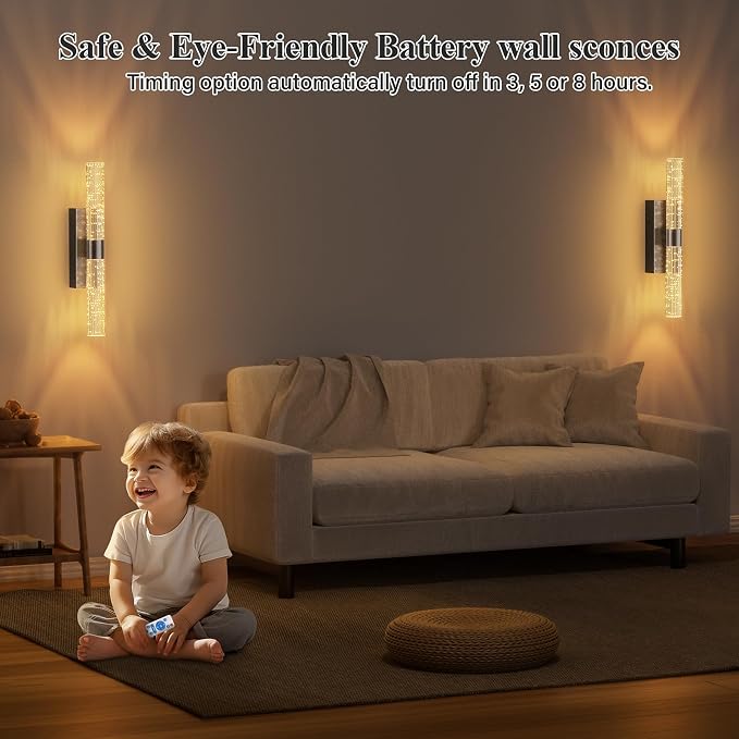 camuucci Battery Operated Wall Sconces Set of 2, Rechargeable Wall Lights | 12000mAh Long-Lasting Battery,Dimmable Cordless Sconce,No Wiring Needed for Bedroom,Living Room,Black 15.3-Inch