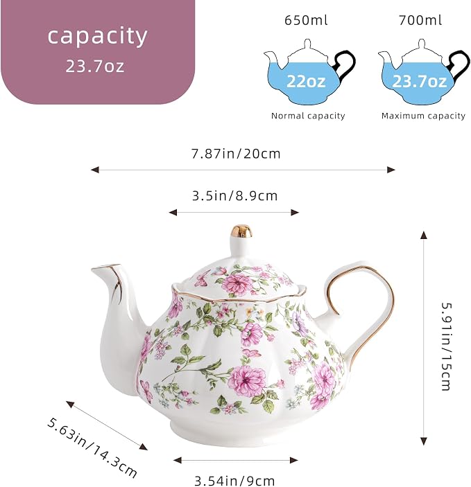 Agyiuns Flower Ceramic Teapot,22oz Porcelain Tea pot for Tea Coffee Milk for Office Home Men Women as Gift (White and big flowers)