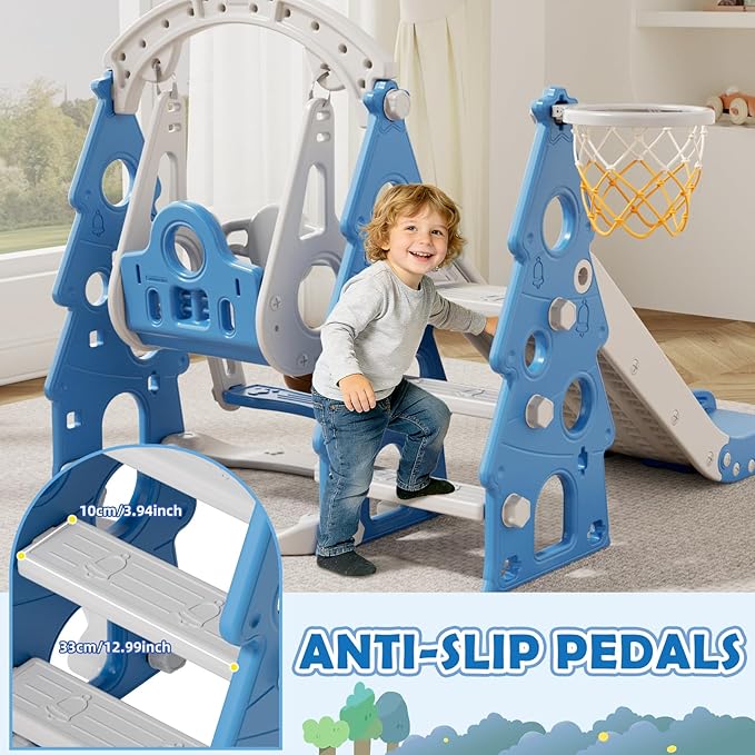 KORIMEFA 4-in-1 Kids Slide and Swing Set, Toddler Slide with Basketball Hoop, Swing, Outdoor Indoor Playground for Toddlers 1-3 Pine Shape Design(4 in 1-Blue)