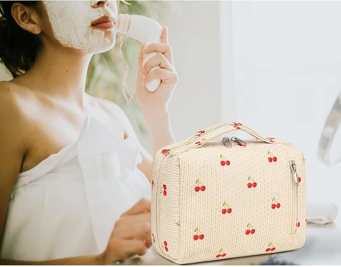 Bluboon Makeup Bag Zipper Pouch Travel Portable Cosmetic Bag Organizer for Women and Girls(Cherry Corduroy beige)
