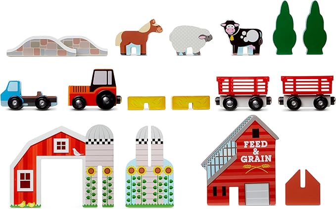 Melissa & Doug 17-Piece Wooden Take-Along Tabletop Farm, 4 Farm Vehicles, Play Pieces, Barn, Grain House Take-Along Pretend Play Toy Barn Toys for Toddlers Ages 1+