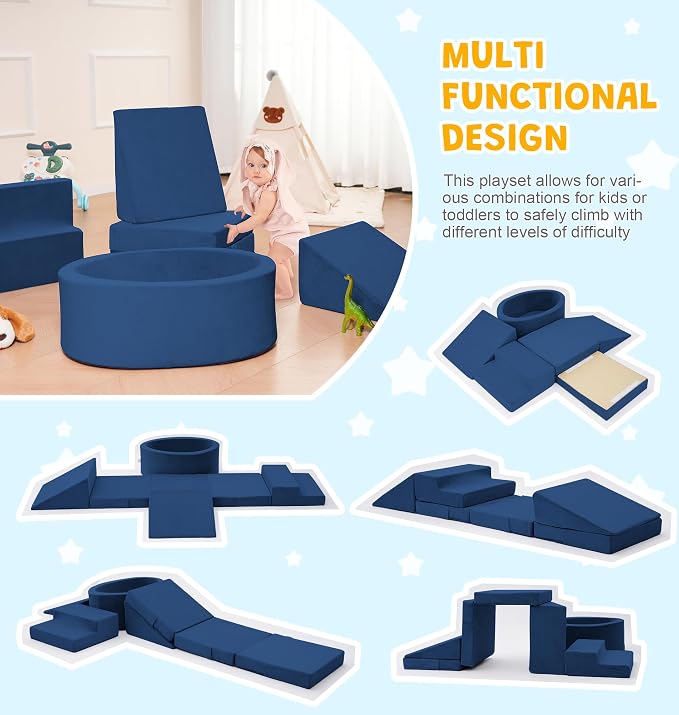 Elftopia Foam Climbing Blocks with Ball Pit & Stairs for Toddlers Aged 1-3 -Soft Playset for Indoor Crawling, Foam Playground Set for Baby to Active Playing Inside -(Balls NOT Included),Navy