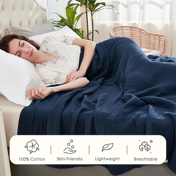 EMME Muslin Blankets for Adults Throw Blanket for Couch Breathable Gauze Soft Lightweight Airy Navy Queen 90" x 90"