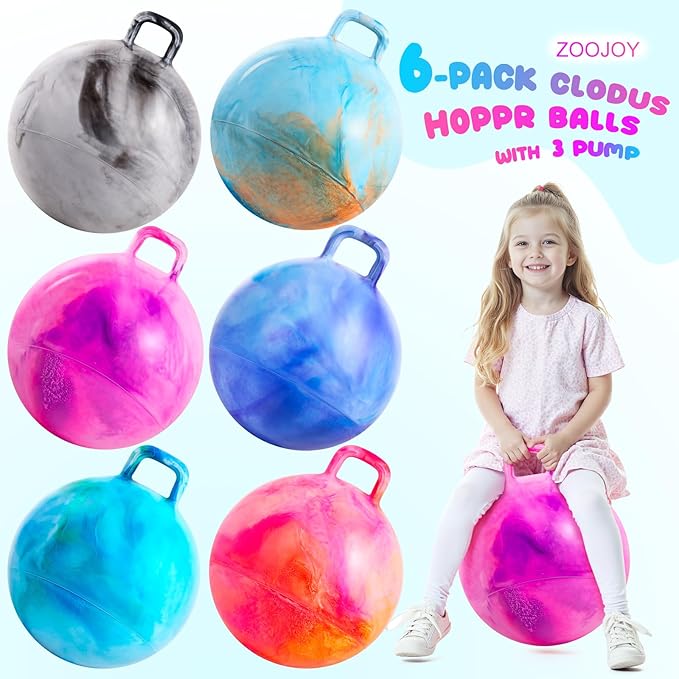 ZOOJOY 6pcs Hopper Balls for Kids 3-8, 18 in Clouds Bouncy Ball with Handle, Sit on Hopping Toys for Sport/School/Team Active Play, Inflatable Hippity Hop Ball for Indoor Outdoor Games with Pump