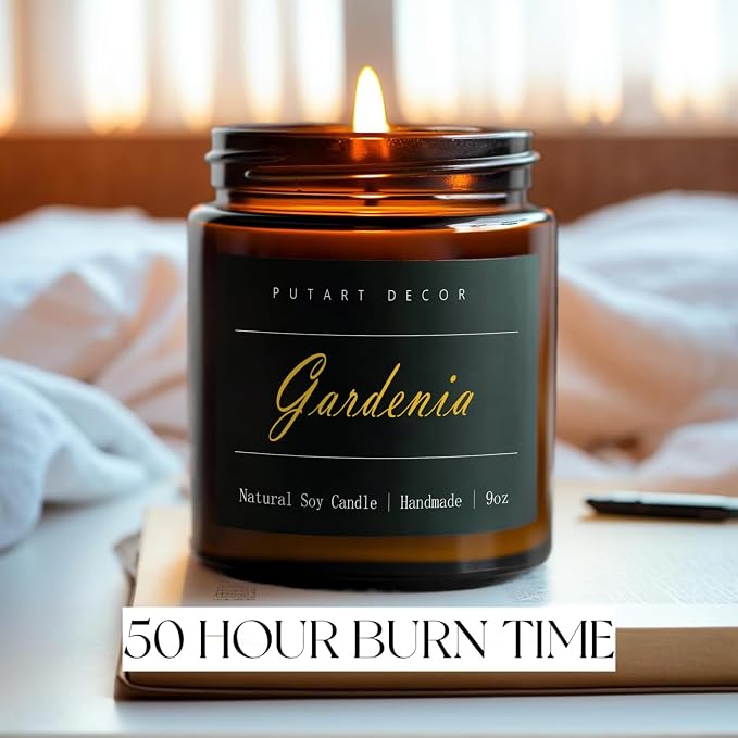 Gardenia Scented Candles for Home, 9oz Natural Soy Wax Aromatherapy Organic Santal Candle for Stress Relief, Long Burning & Lasting Jar Candle Gifts for Birthday, Housewarmings, Thanksgiving