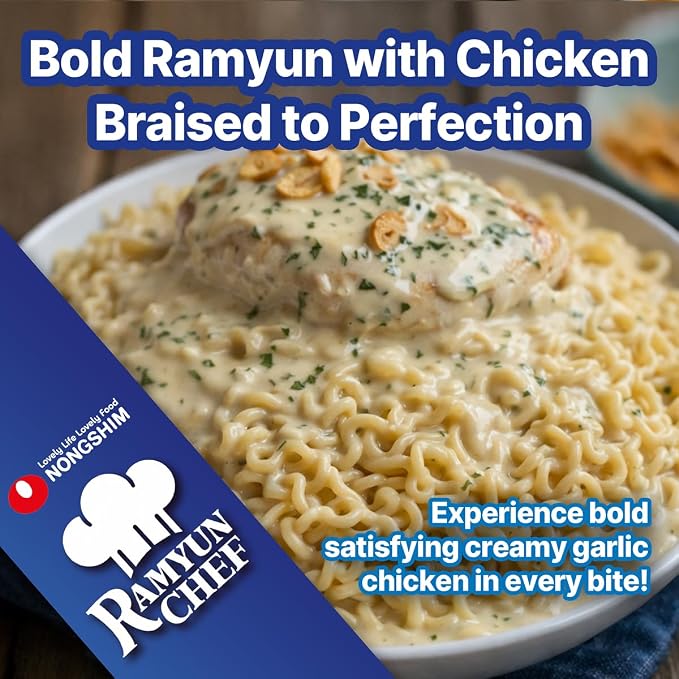 Nongshim Ramyun Chef, Stir Fry Style Instant Ramyun Noodles with Sauce Mix, Garlic Chicken, 4.23 Oz (Pack of 4)