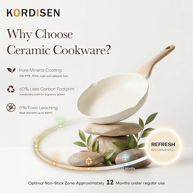 Kordisen Ceramic Non Stick Frying Pan Skillet with Lid, 11 Inch Cooking Pan | Non Toxic, Healthy Coating, Induction Compatible, Heat Resistant Handle, PFOA & PFAS Free